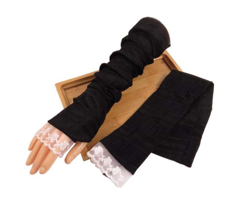Suoirblss 2 Pairs Sunblock Arm Sleeves Fashion Lace UV Sun Protection Long Sleeve Fingerless Glove for Women's Ladies Driving Outdoor Sports (Black) - Image 2